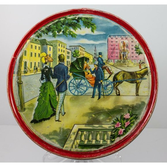 Vintage 1950's Barricini Candies Round Tin w/Lid Horse & Carriage NYC 8.5" - Picture 1 of 9